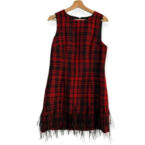 ANTONIO MELANI Irine Tweed Feather Sleeveless Sheath Dress Red Black NEW Holiday - Picture 2 of 7
